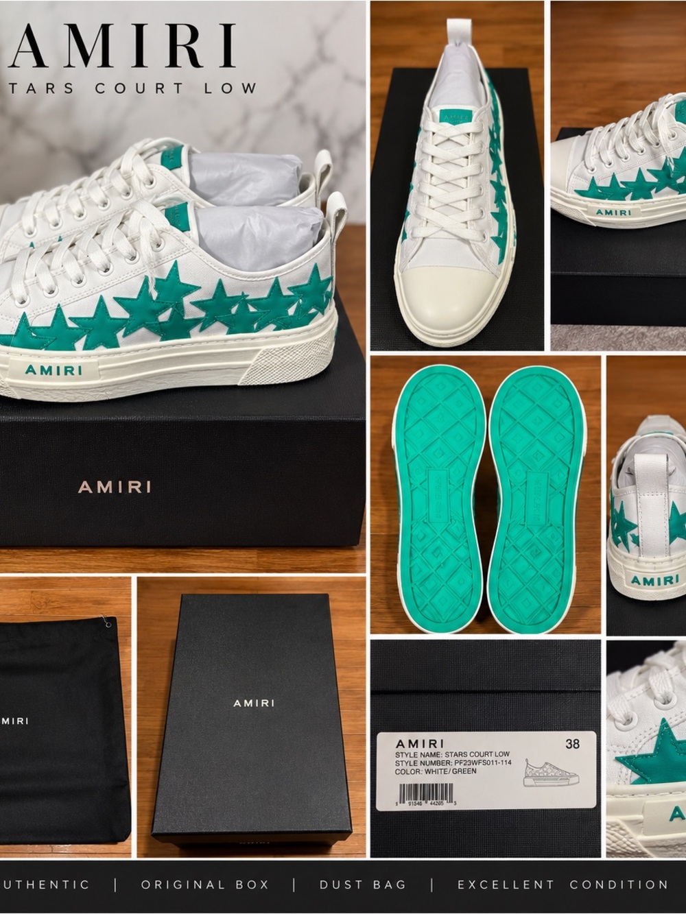 NWT AMIRI Stars Court Low Sneakers – White/Green – Size 38